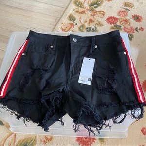 NWT black denim short with red/white stripe detail